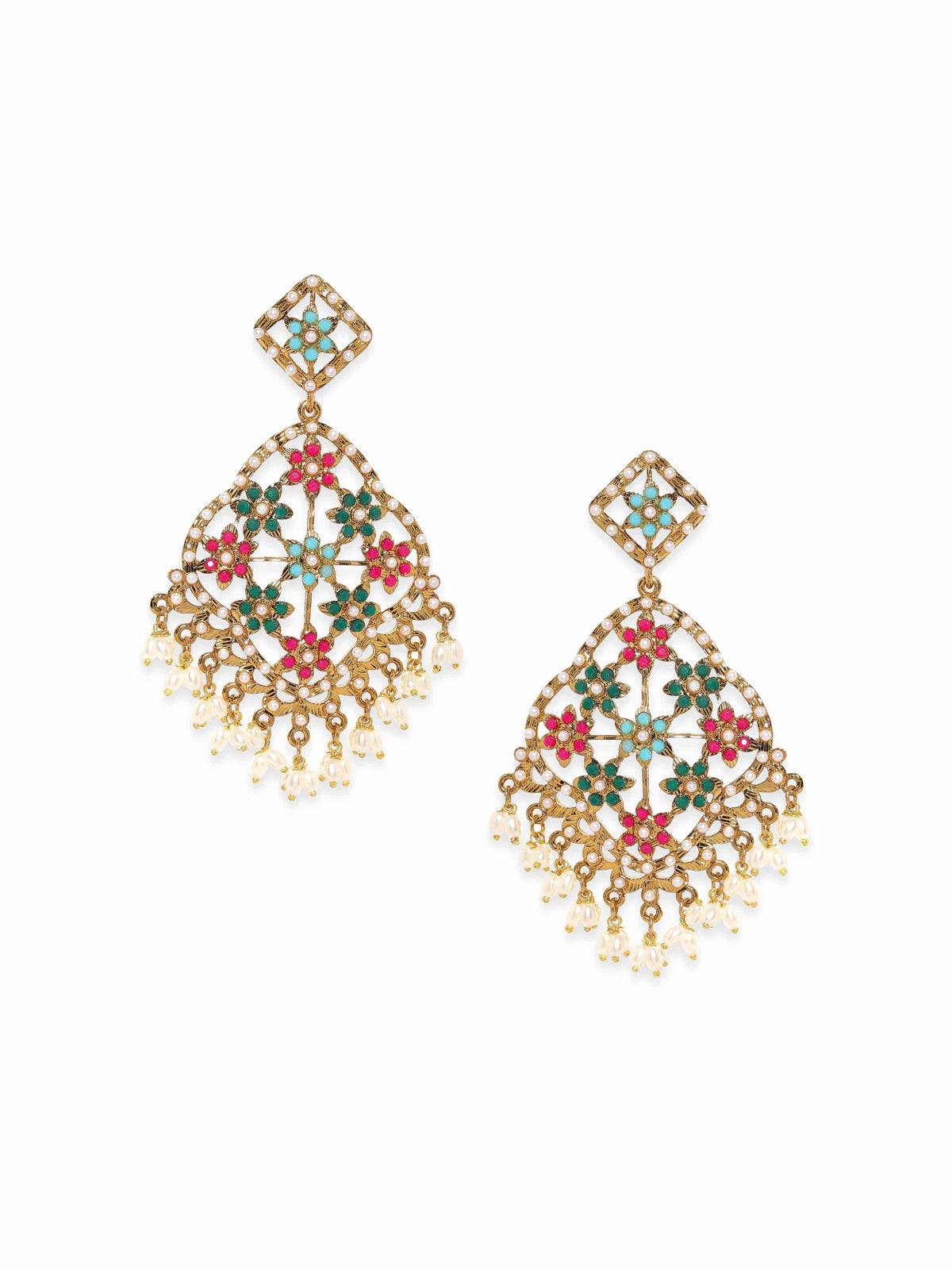 Festive American Diamond Zirconia Pearl Danglers Gold::Multi Color