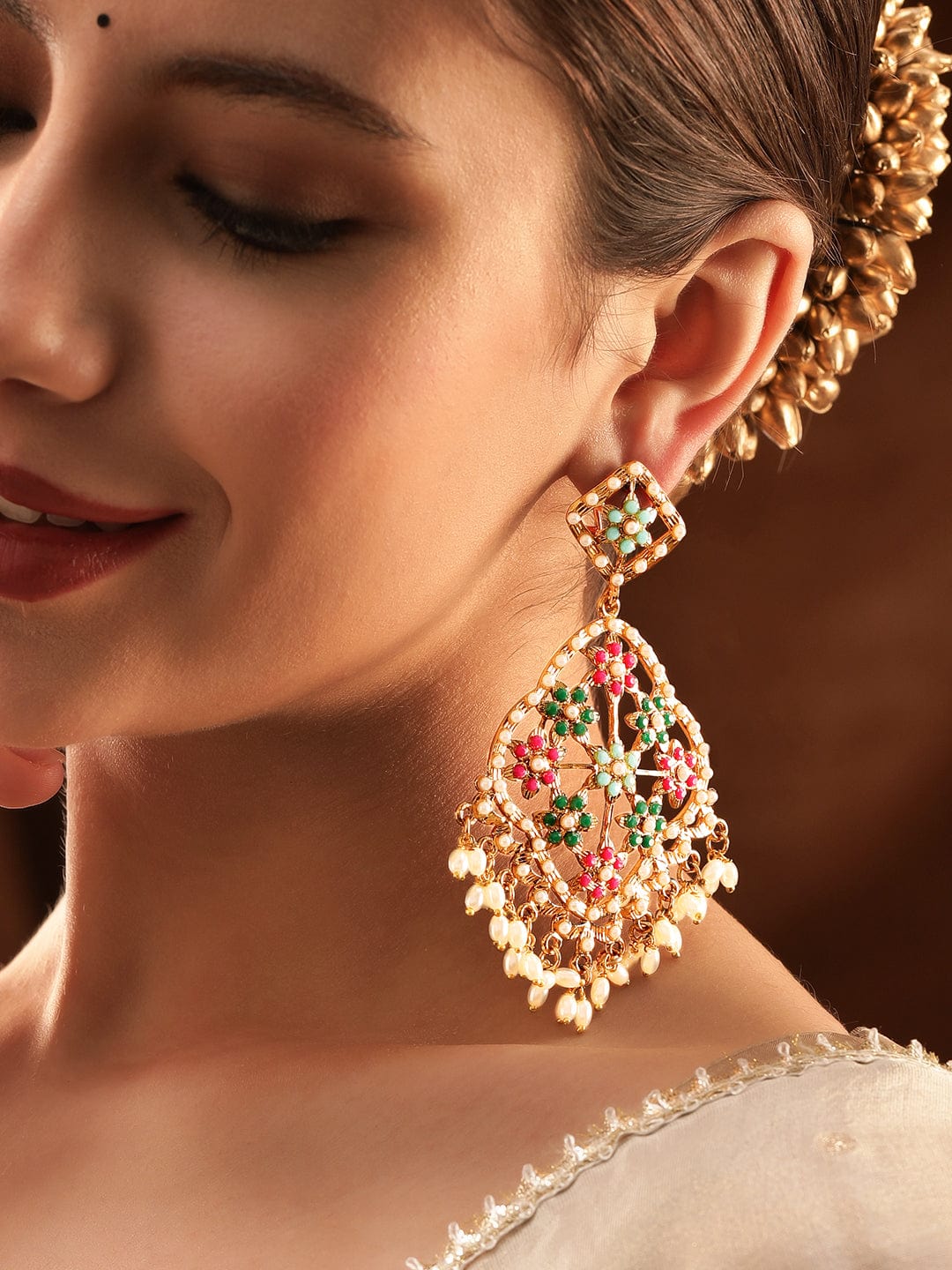 Festive American Diamond Zirconia Pearl Danglers Gold::Multi Color