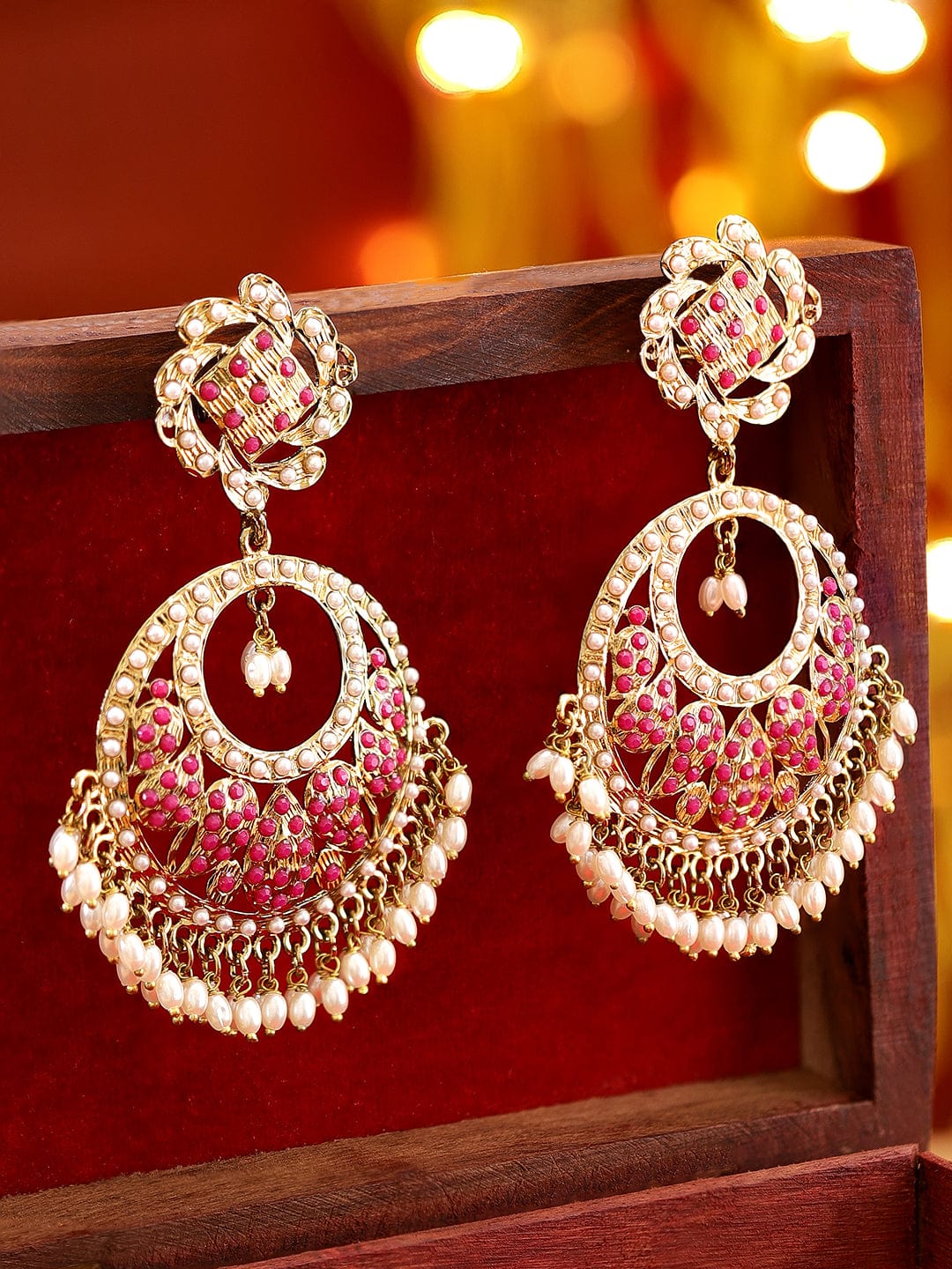 Pink Grace with Pearls Chandbali Gold::Pink