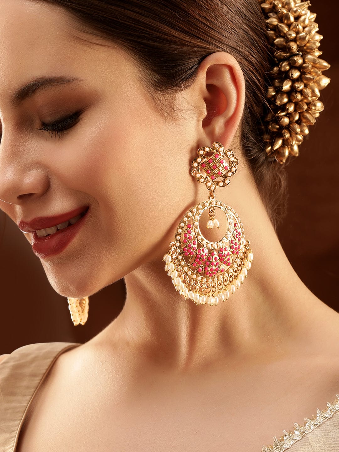 Pink Grace with Pearls Chandbali Gold::Pink