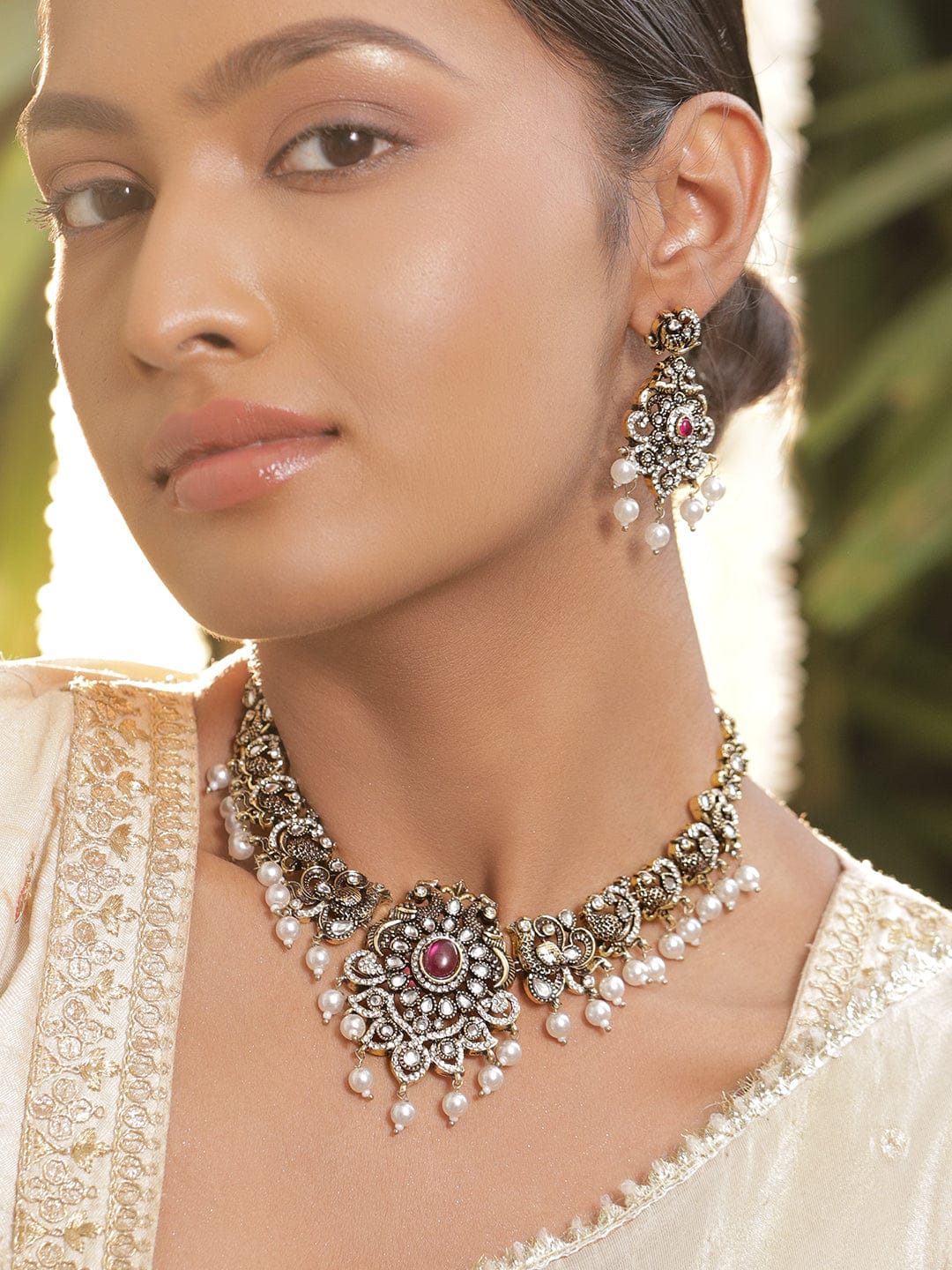 Pearl Drop American Diamond Zirconia Necklace Set フリーサイズ