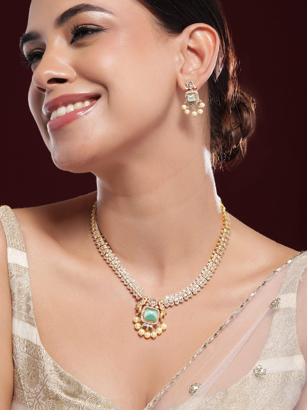 American Diamond Zirconia Green Accented Necklace Set フリーサイズ