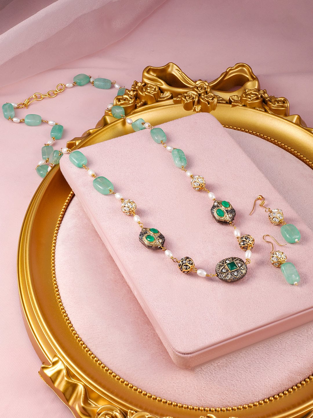 Green Beaded Long Necklace Set フリーサイズ