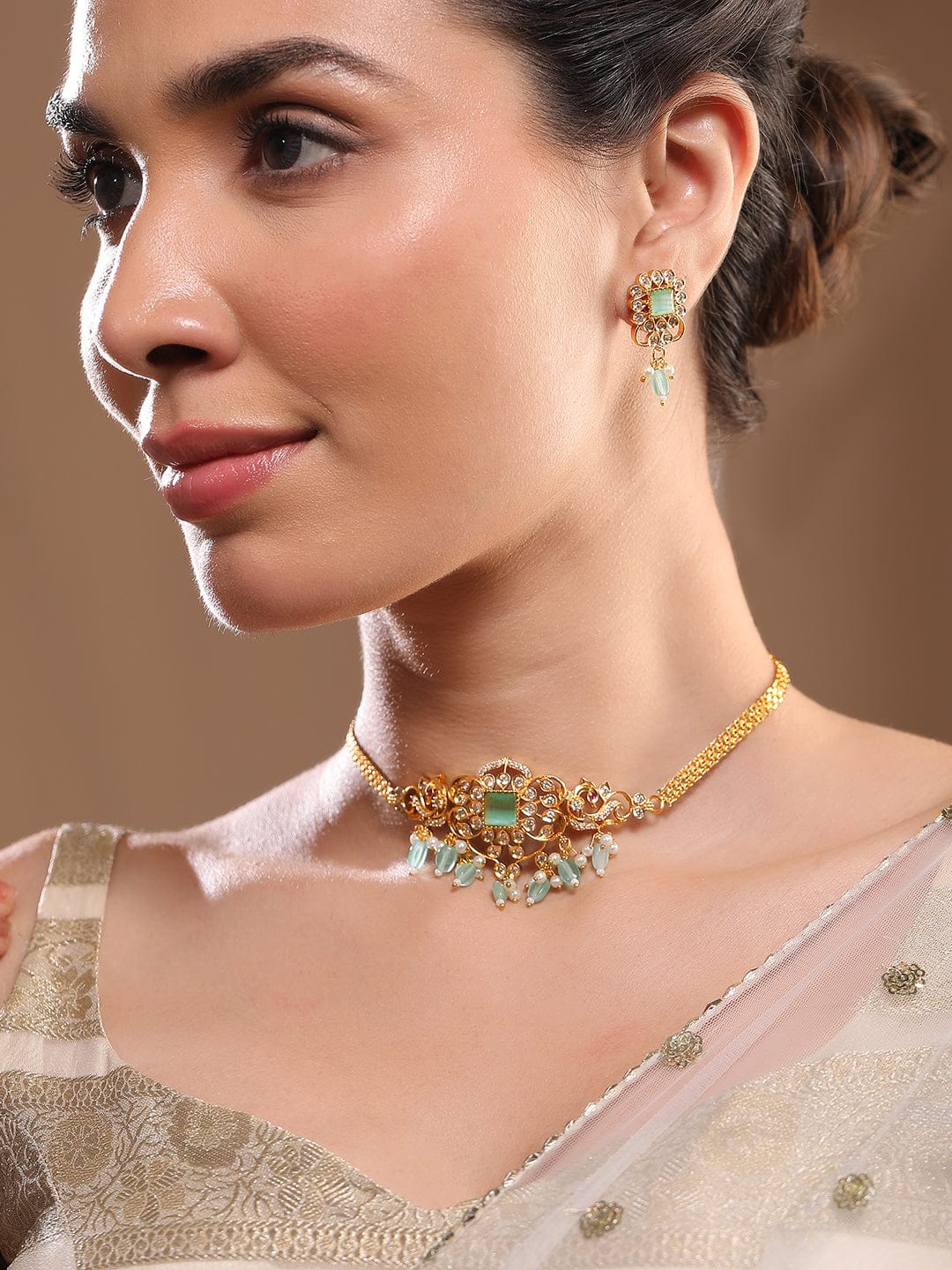 American Diamond Zirconia Green Beads Necklace Set フリーサイズ