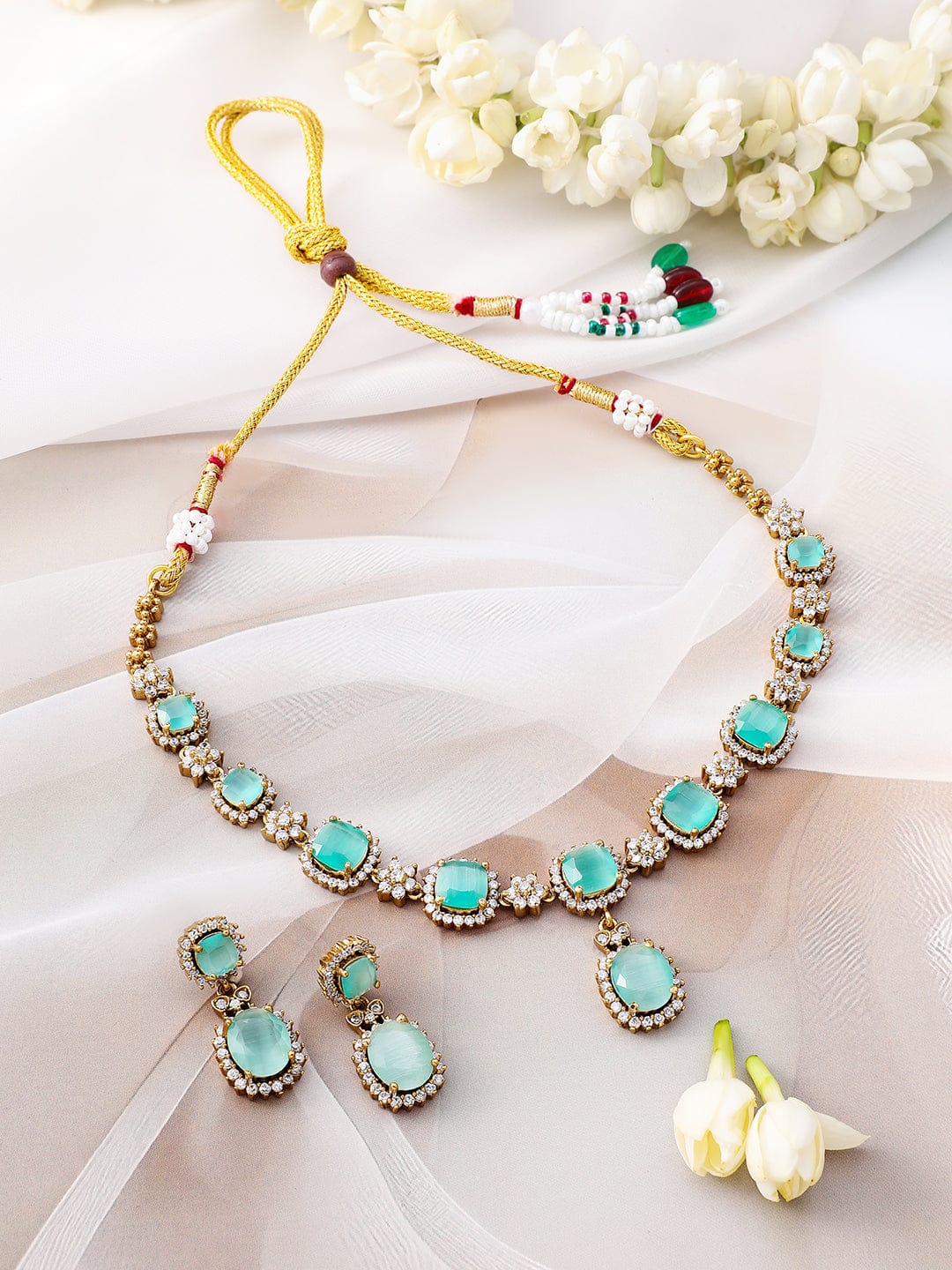Blue Studded American Diamond Zirconia Necklace Set フリーサイズ