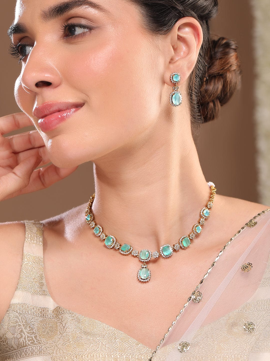 Blue Studded American Diamond Zirconia Necklace Set フリーサイズ