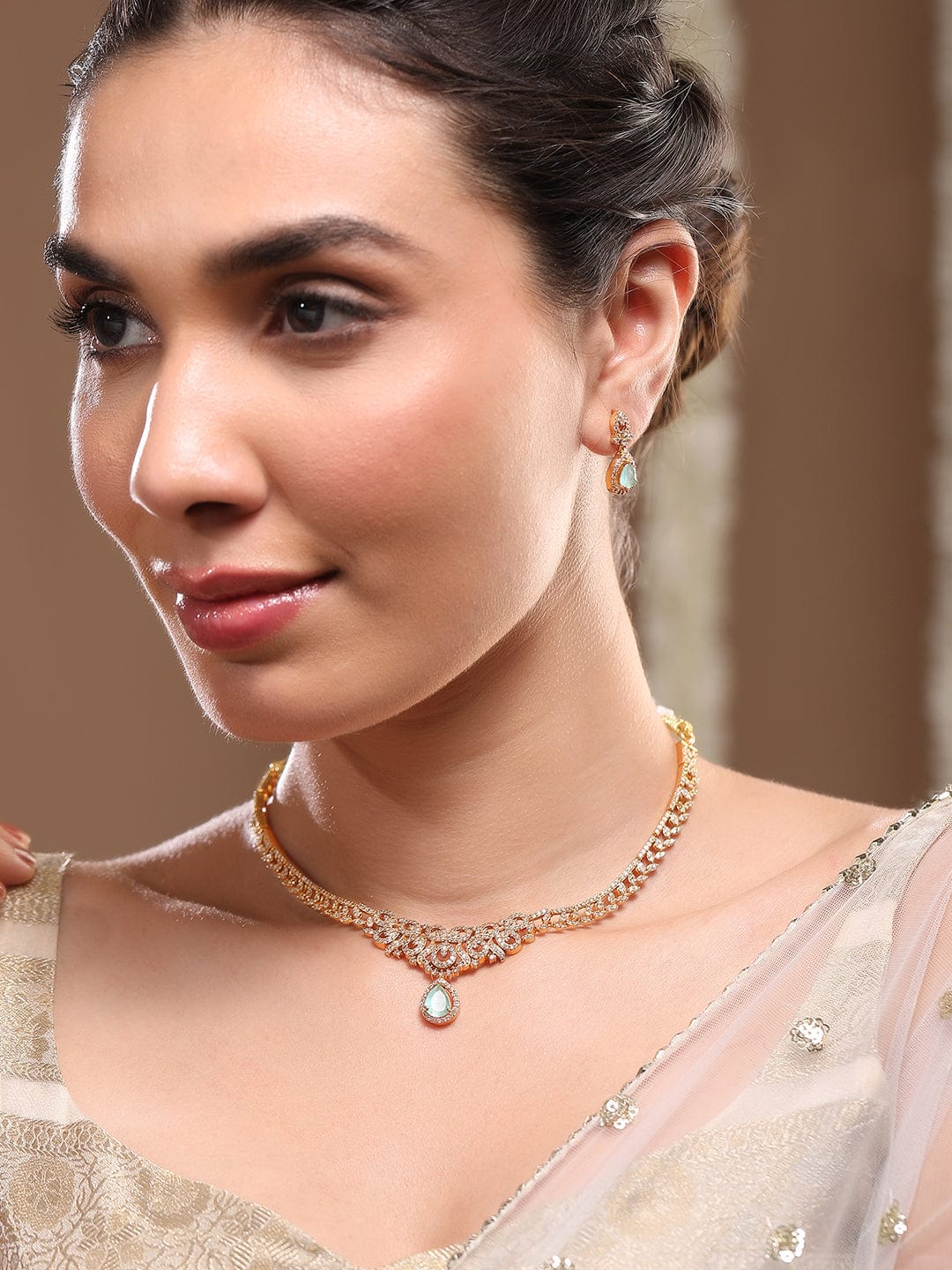 American Diamond Zirconia Green Drop necklace Set フリーサイズ