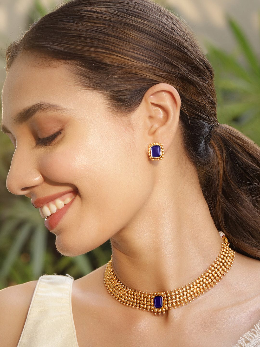 Blue Studded Golden Necklace Set Gold