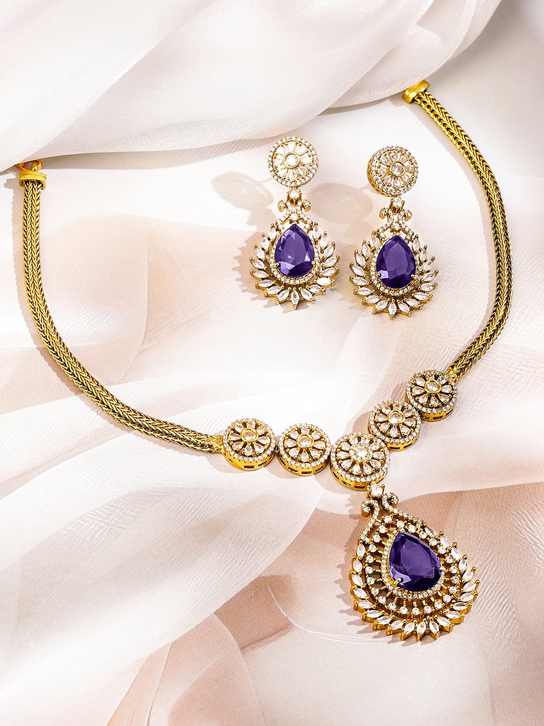 Purple American Diamond Zirconia Gold Necklace Set フリーサイズ