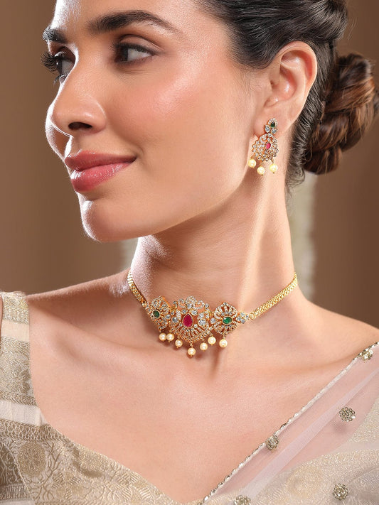 American Diamond Zirconia Necklace Gold Toned Set フリーサイズ
