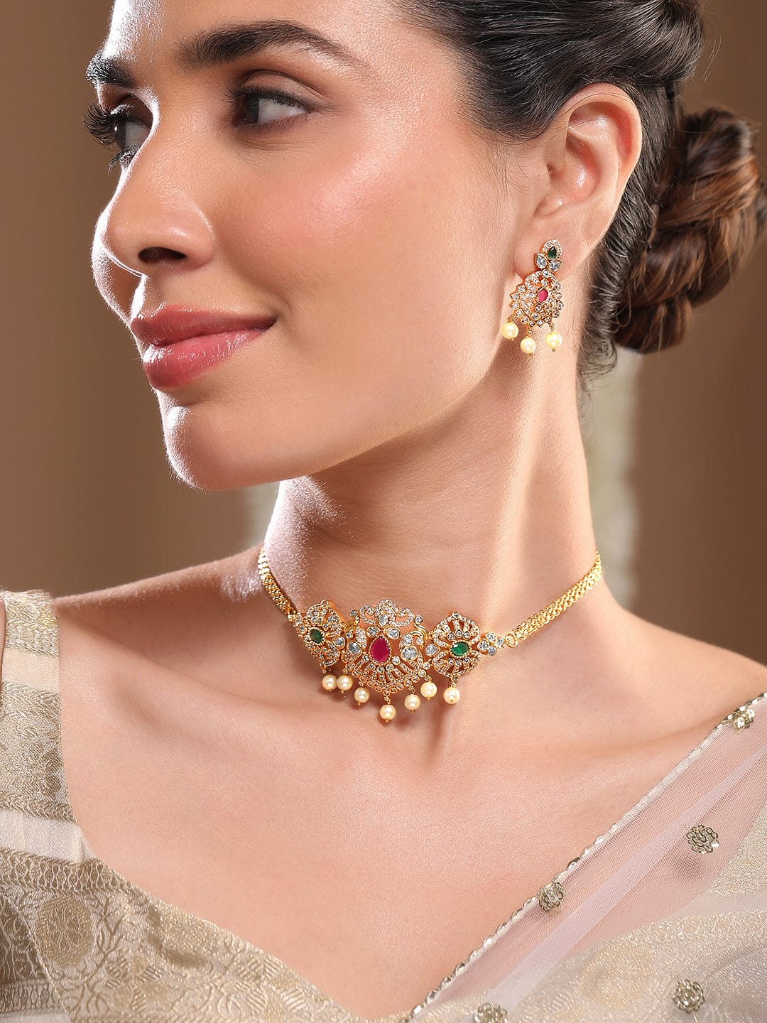 Red & White American Diamond Zirconia Necklace Set フリーサイズ