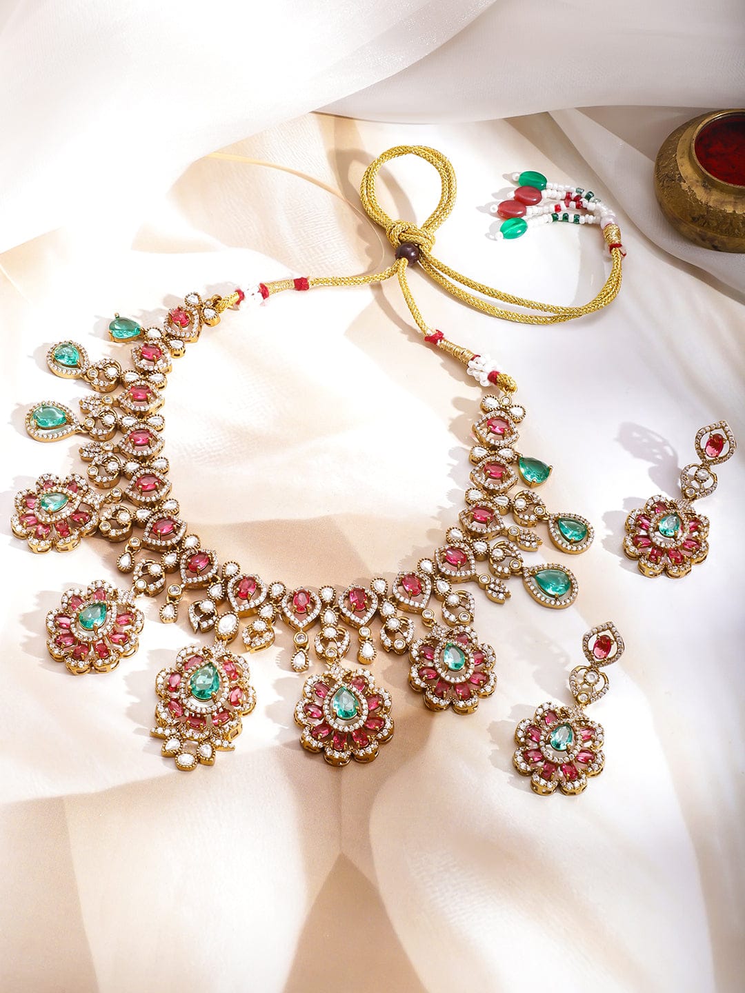 Ethnic Charm Pink-Green Necklace Set フリーサイズ