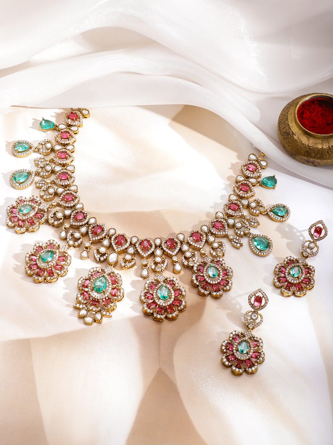 Ethnic Charm Pink-Green Necklace Set フリーサイズ