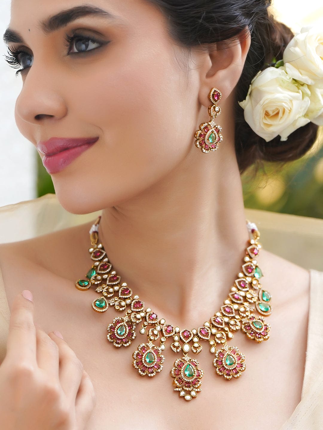 Ethnic Charm Pink-Green Necklace Set フリーサイズ