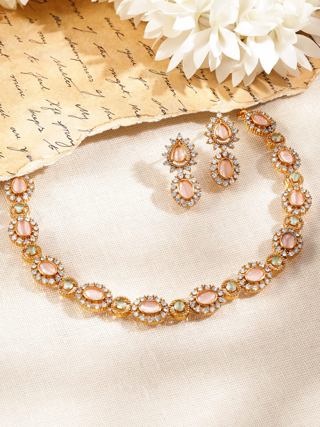 Pink Studded American Diamond Zirconia Necklace Set フリーサイズ