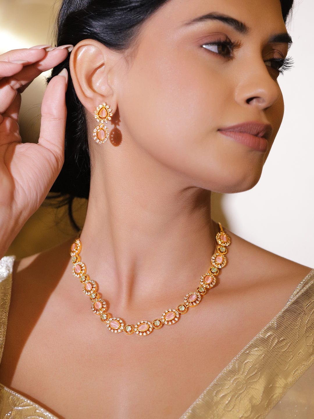 Pink Studded American Diamond Zirconia Necklace Set フリーサイズ