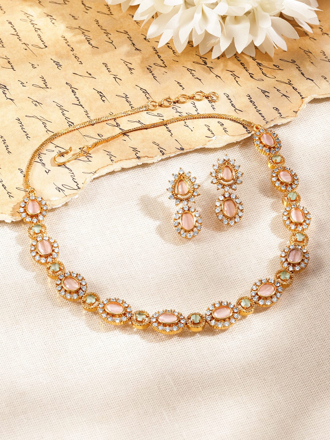 Pink Studded American Diamond Zirconia Necklace Set フリーサイズ