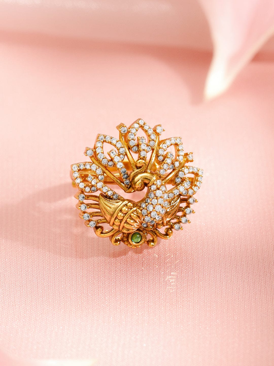Gold American Diamond Zirconia Peacock Motif Ring フリーサイズ