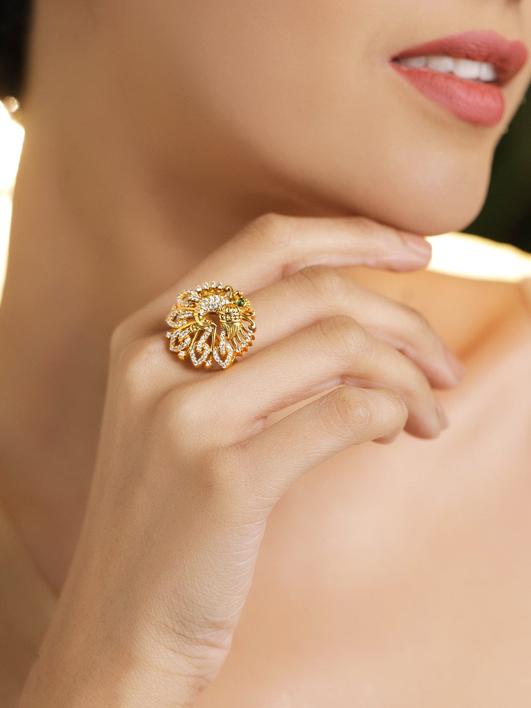 Gold American Diamond Zirconia Peacock Motif Ring フリーサイズ