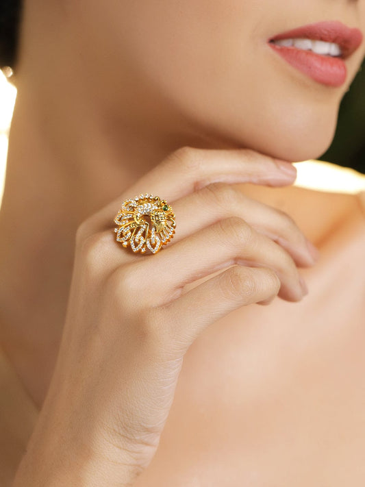 Gold American Diamond Zirconia Peacock Motif Ring フリーサイズ