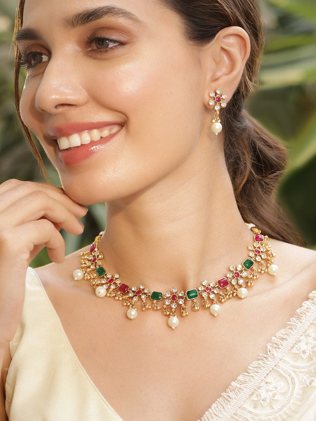 Floral Edge Necklace Set in Green Pink フリーサイズ