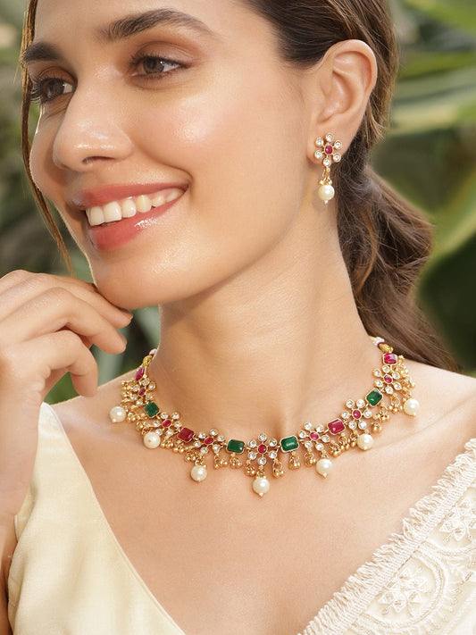 Floral Edge Necklace Set in Green Pink フリーサイズ