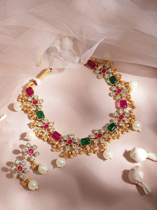 Floral Edge Necklace Set in Green Pink フリーサイズ