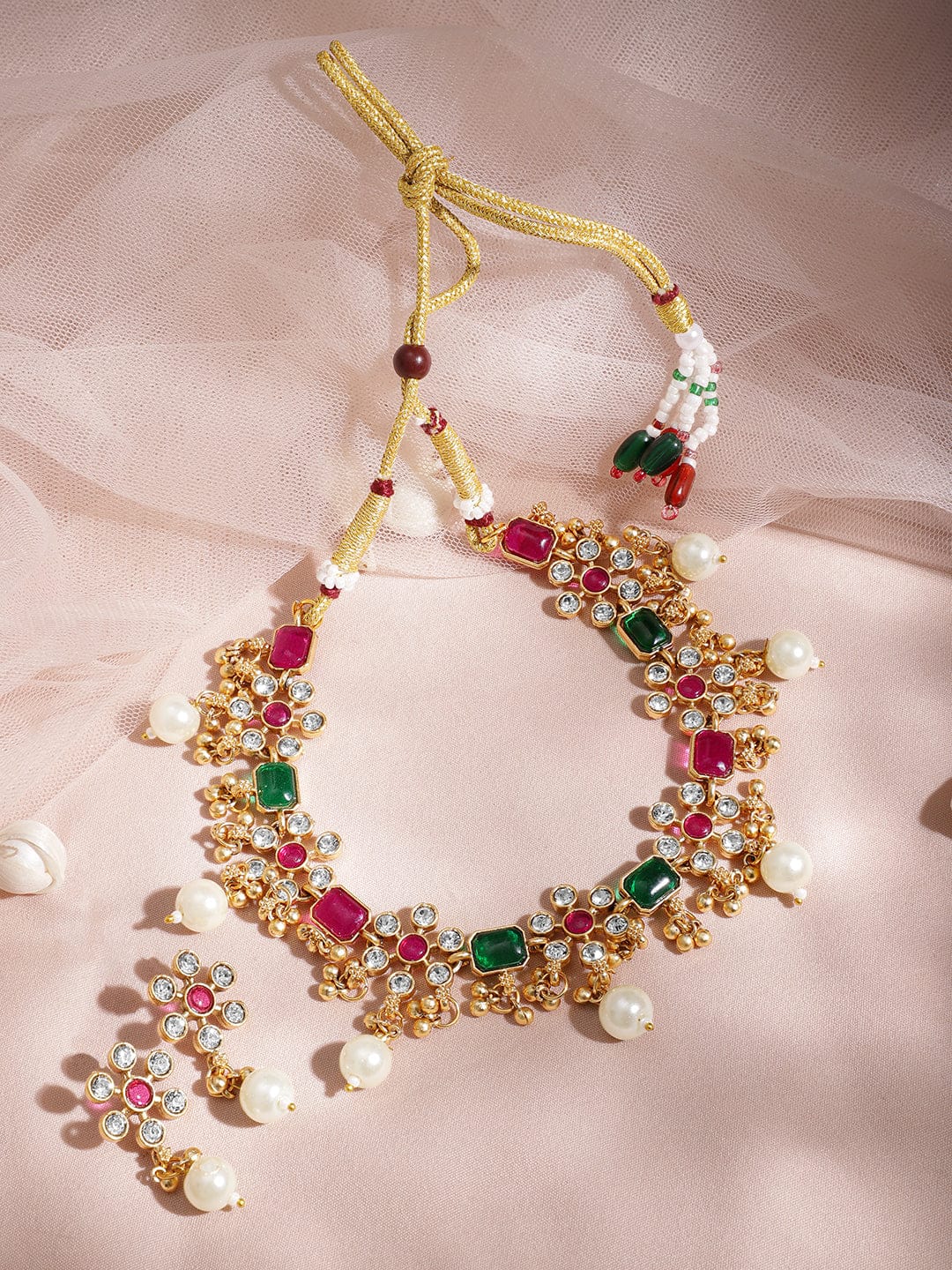 Floral Edge Necklace Set in Green Pink フリーサイズ