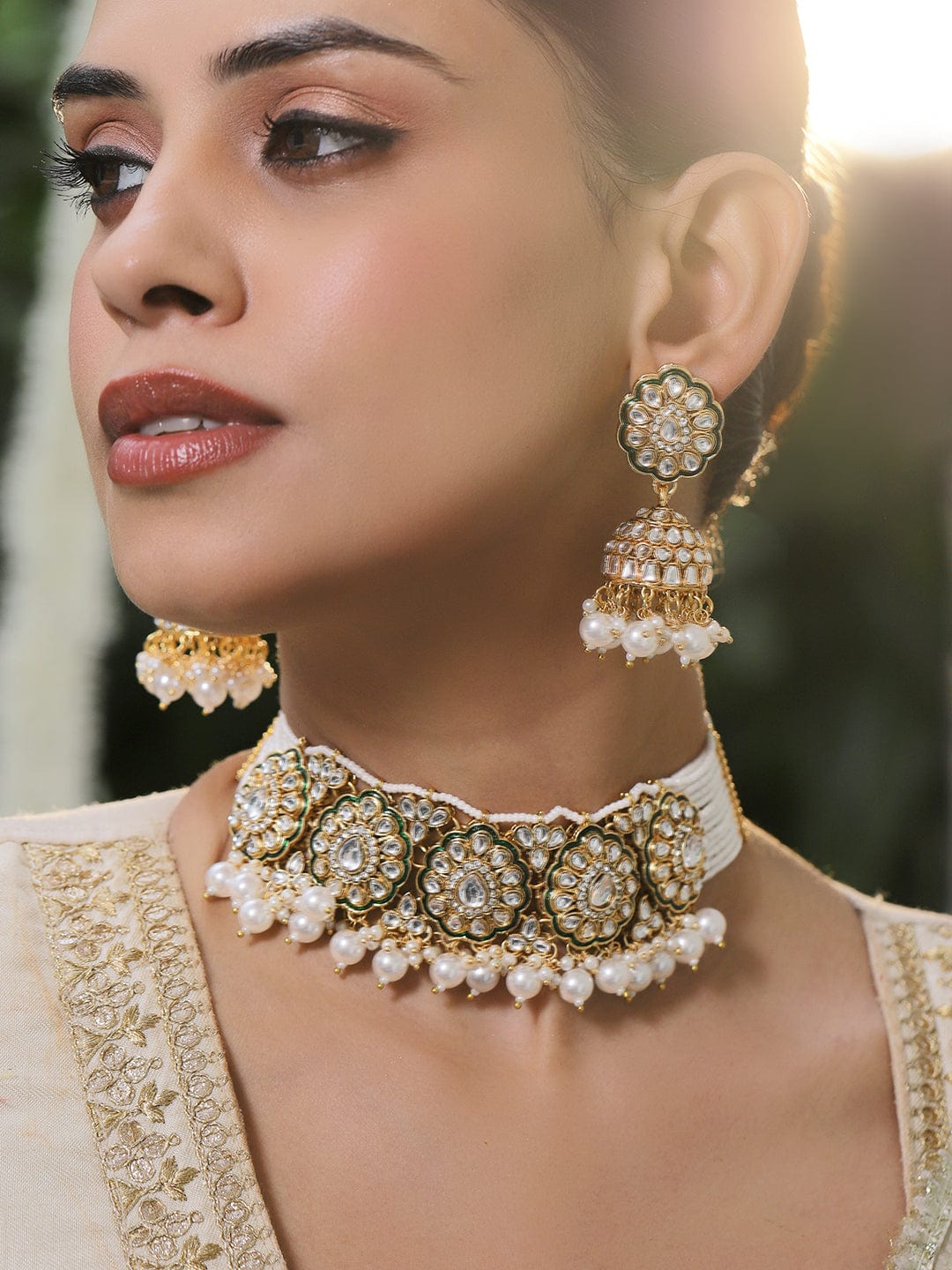 Classic Green & White Kundan Necklace Set フリーサイズ