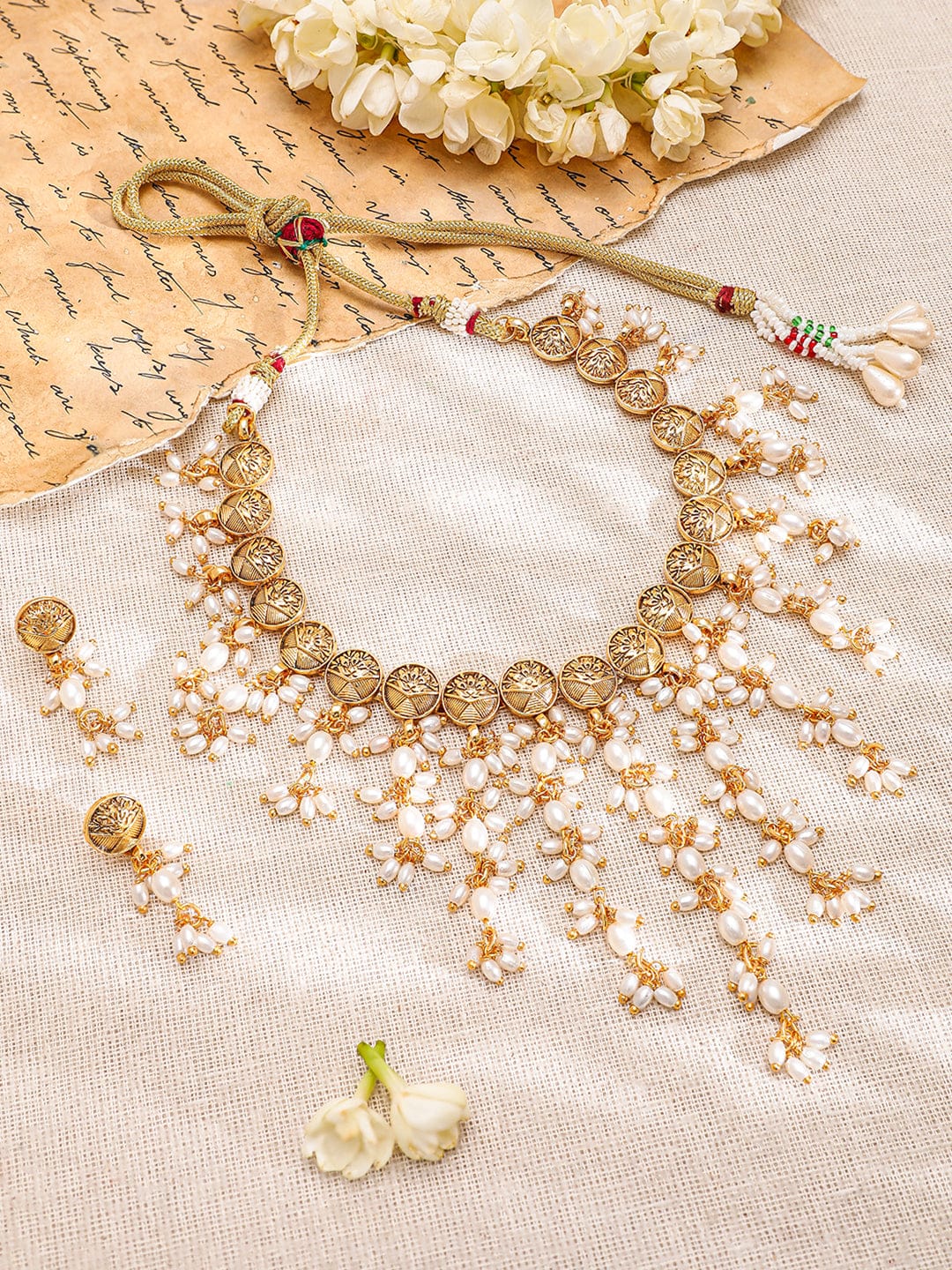 Pearl Beaded Gold Necklace Set Gold
