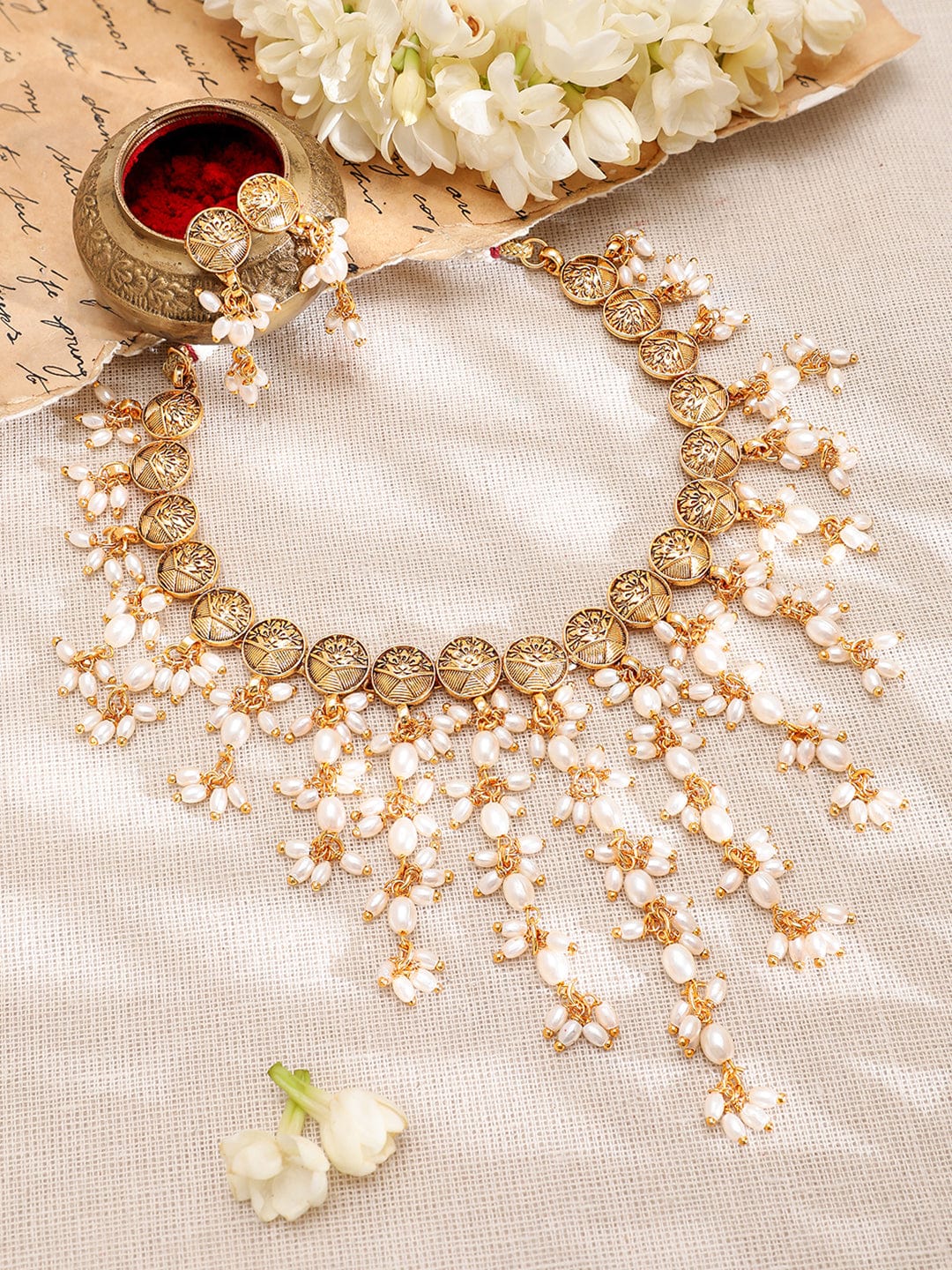 Pearl Beaded Gold Necklace Set Gold