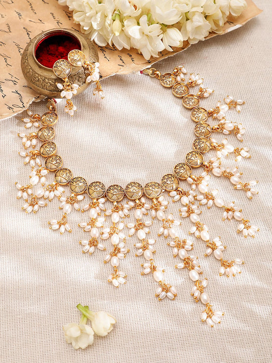 Pearl Beaded Gold Necklace Set Gold
