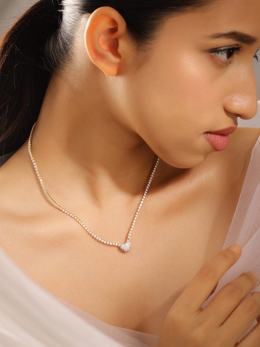 Lustrous American Diamond Zirconia Pendant Necklace Gold