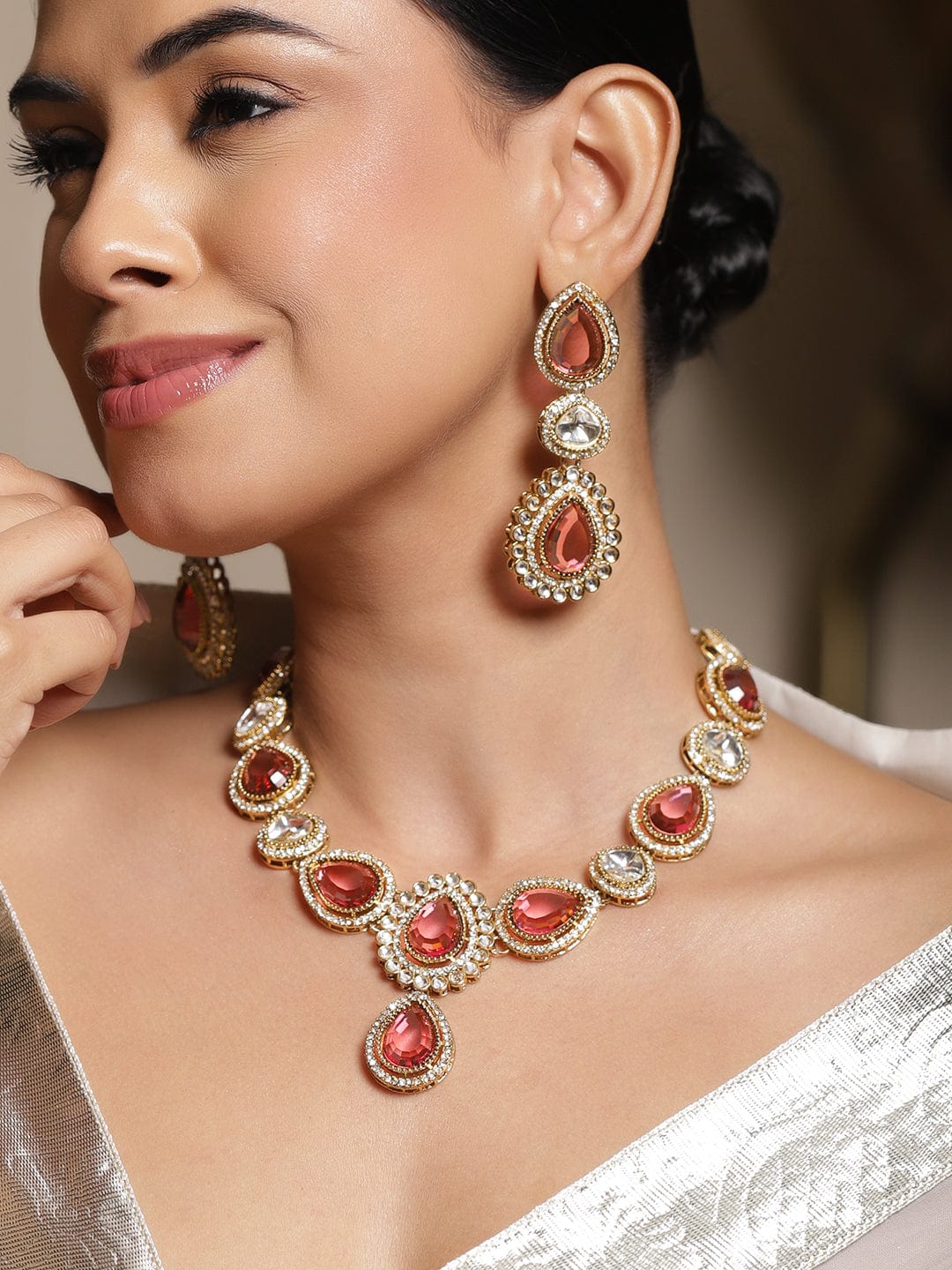 Rosy Pink Glow Necklace Set With Maangtikka フリーサイズ