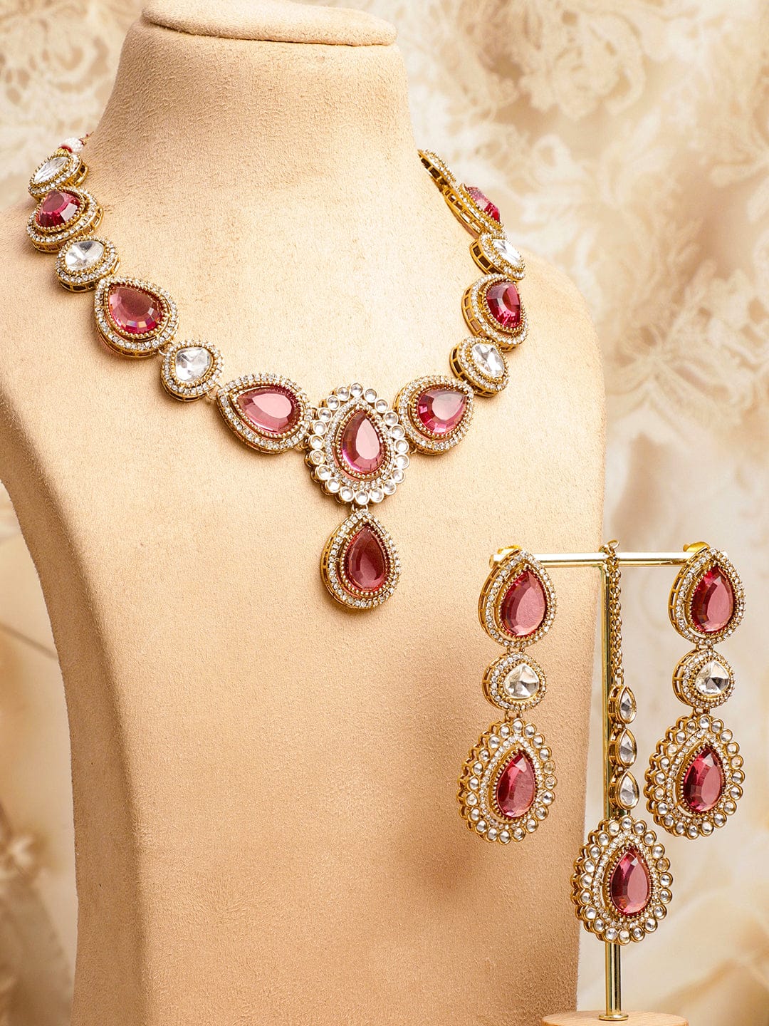 Rosy Pink Glow Necklace Set With Maangtikka フリーサイズ