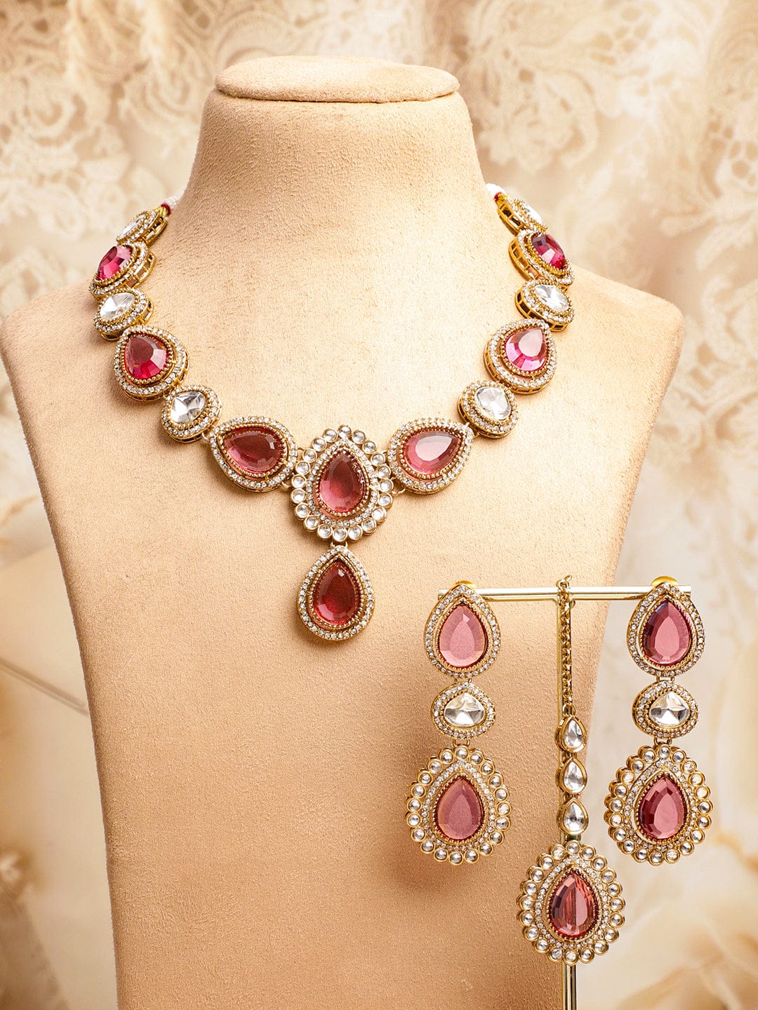 Rosy Pink Glow Necklace Set With Maangtikka フリーサイズ