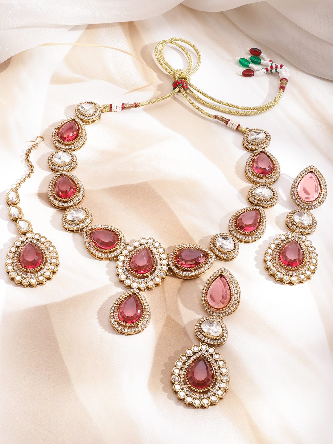 Rosy Pink Glow Necklace Set With Maangtikka フリーサイズ