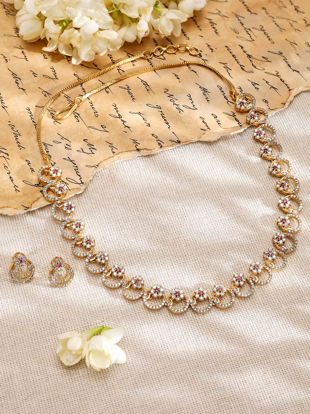 American Diamond Zirconia Pink Accented Necklace Set Gold