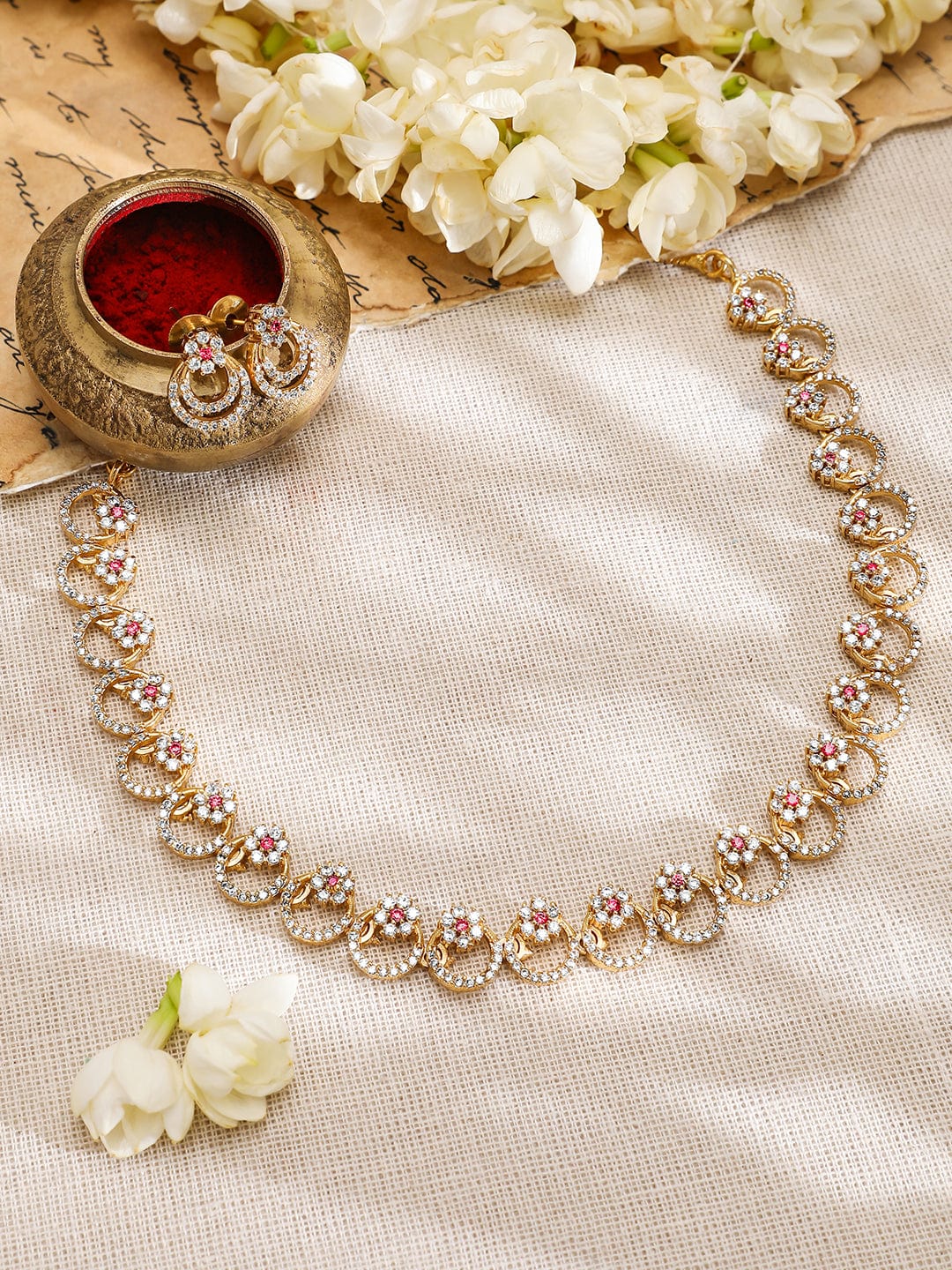 American Diamond Zirconia Pink Accented Necklace Set Gold