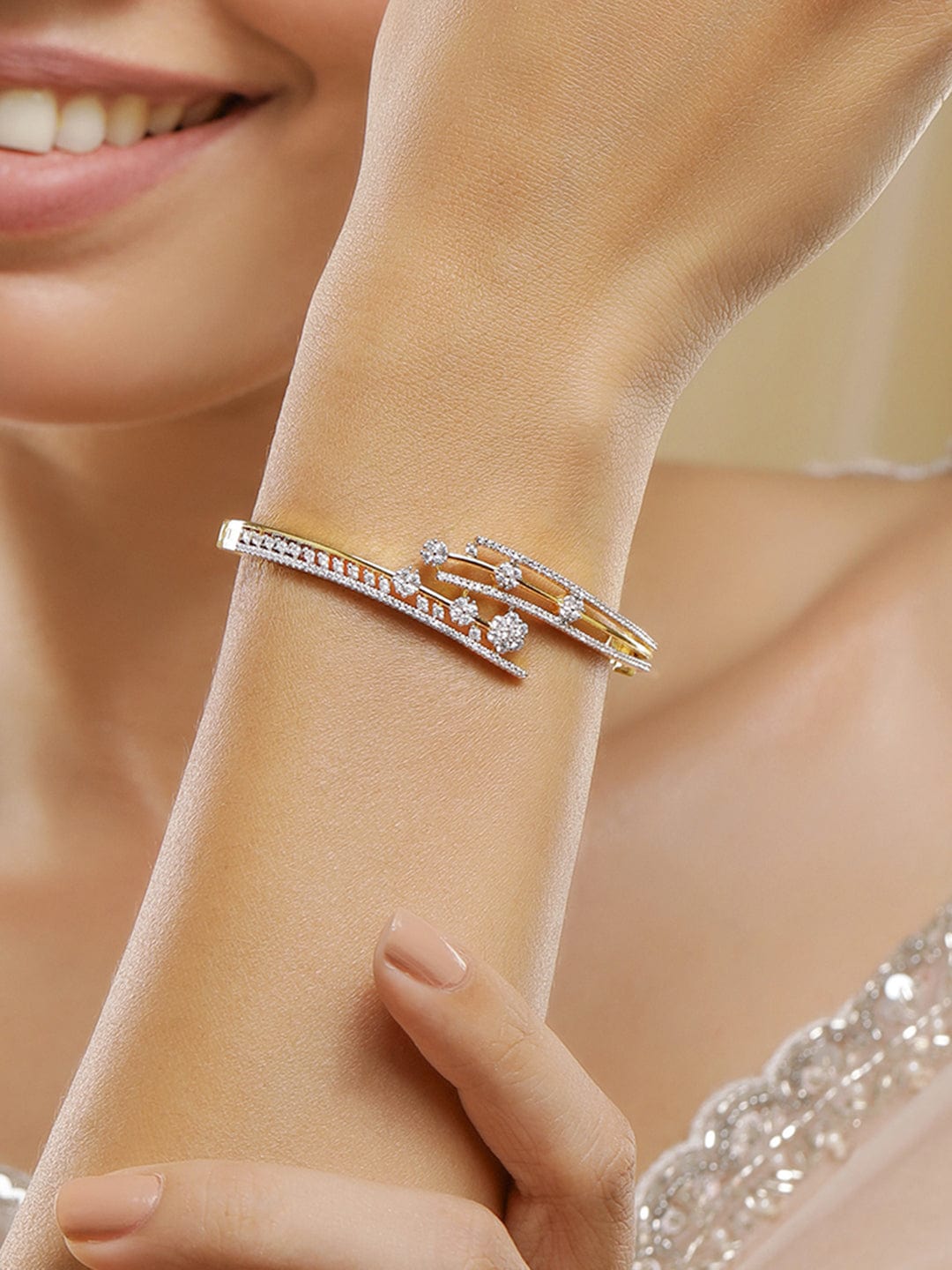 Rubans 22K Gold-Plated Cubic Zirconia Studded Bangle-Style Bracelet Silver