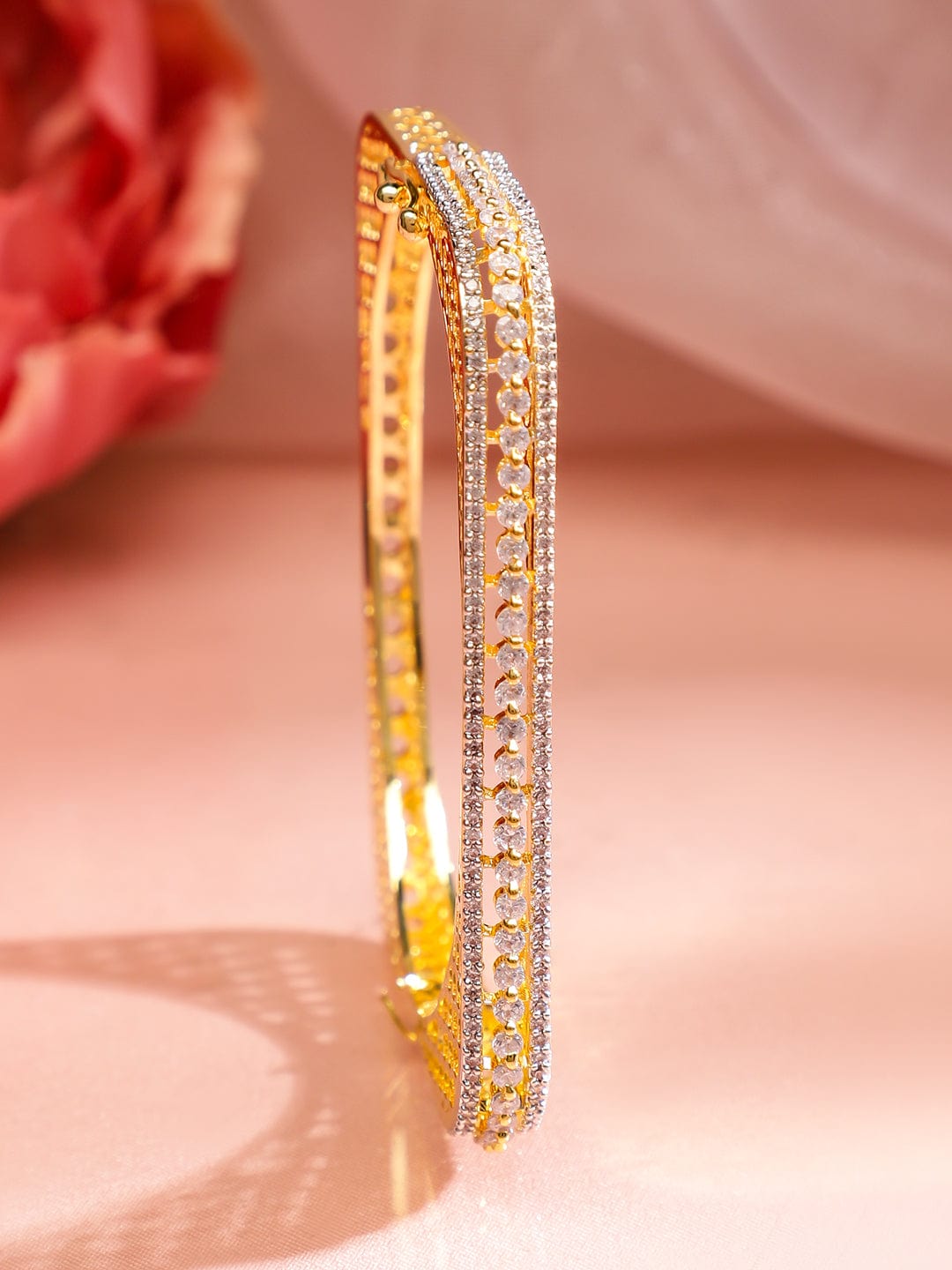 Rubans 22K Gold Plated Cubic Zirconia Studded Elegant  Bangle-Style Bracelet Gold::Silver