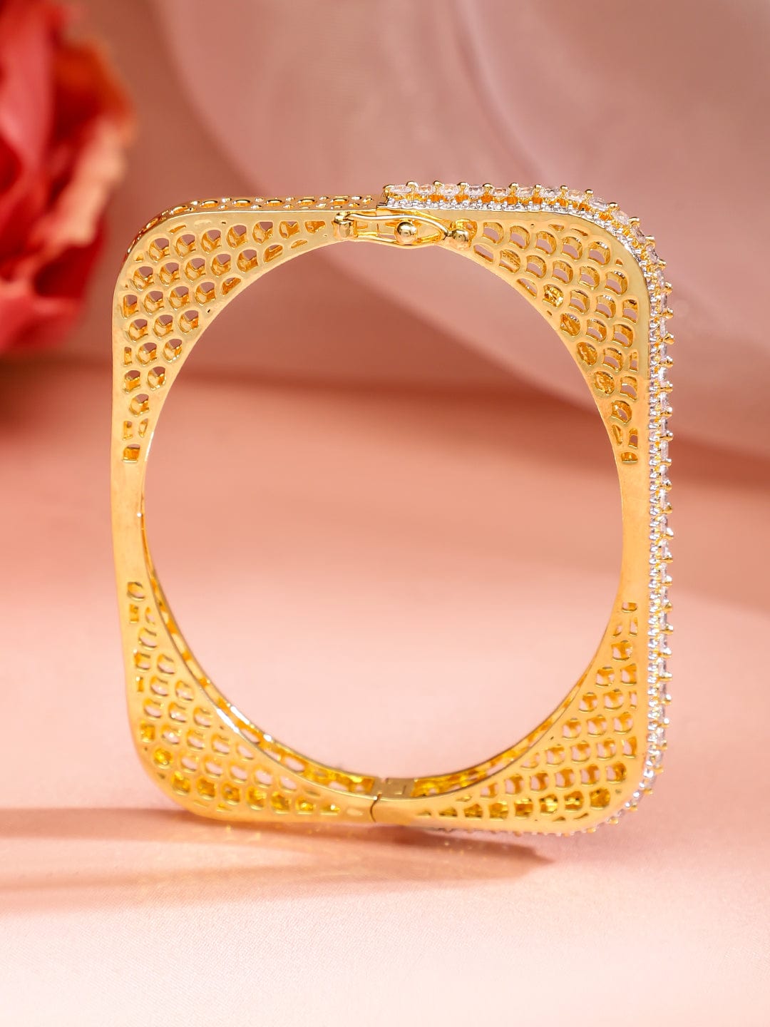 Rubans 22K Gold Plated Cubic Zirconia Studded Elegant  Bangle-Style Bracelet Gold::Silver