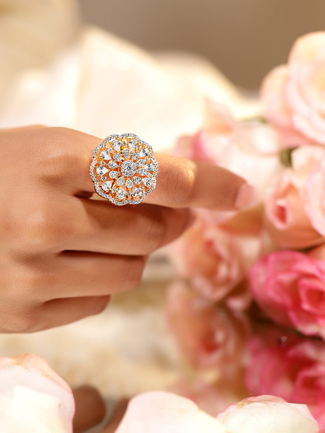 Floral American Diamond Zirconia Ring Gold
