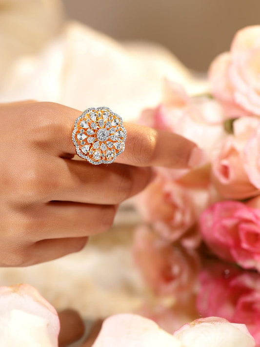 Floral American Diamond Zirconia Ring Gold