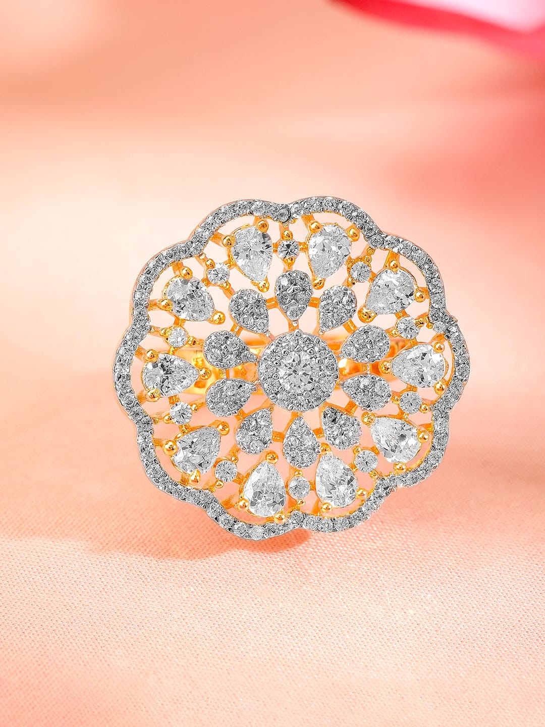 Floral American Diamond Zirconia Ring Gold
