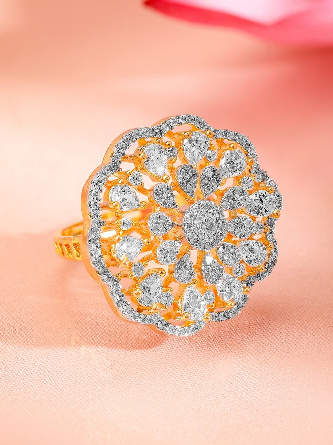 Floral American Diamond Zirconia Ring Gold