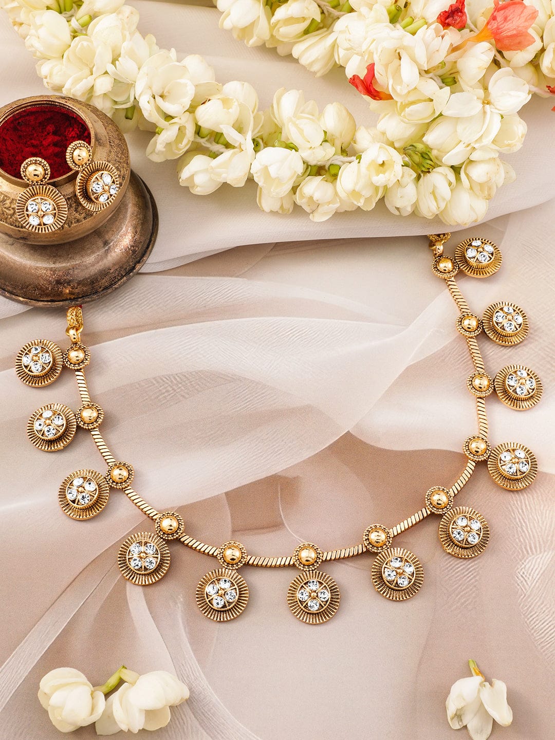 White Beaded Golden Necklace Set Gold
