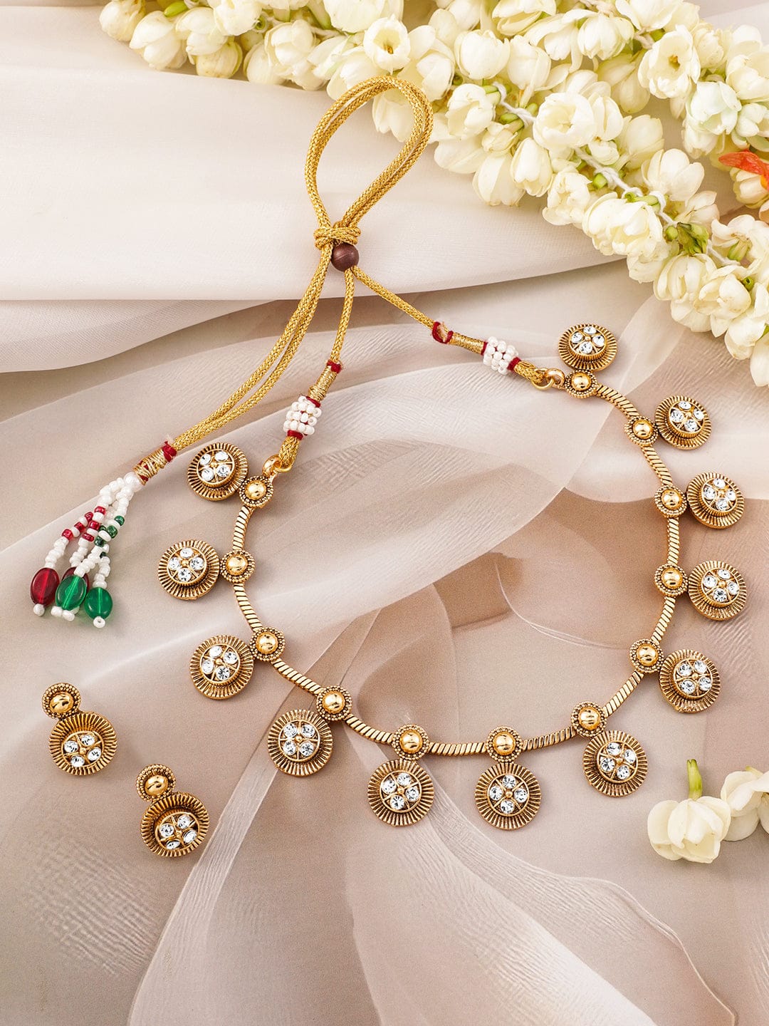 White Beaded Golden Necklace Set Gold