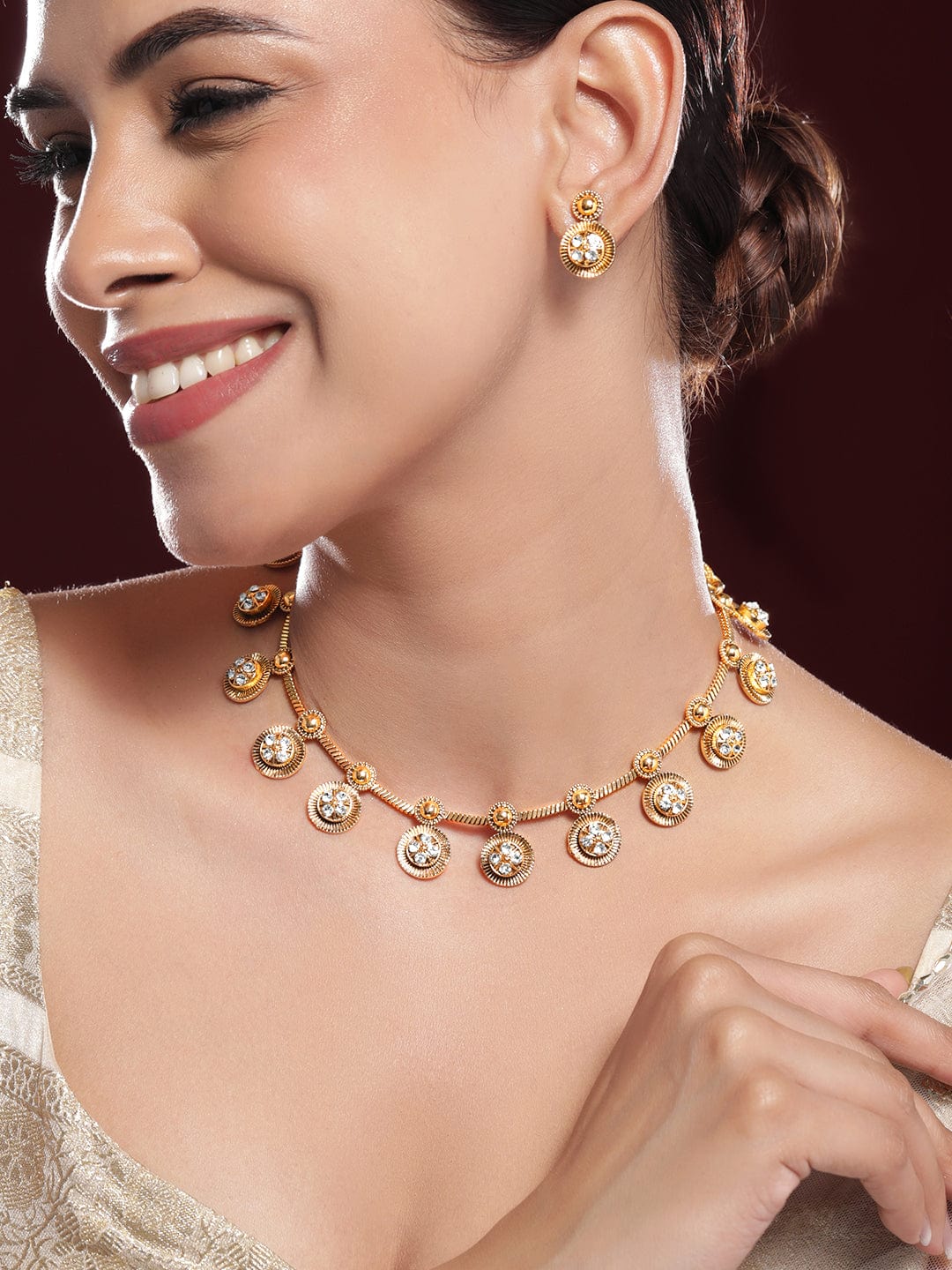White Beaded Golden Necklace Set Gold