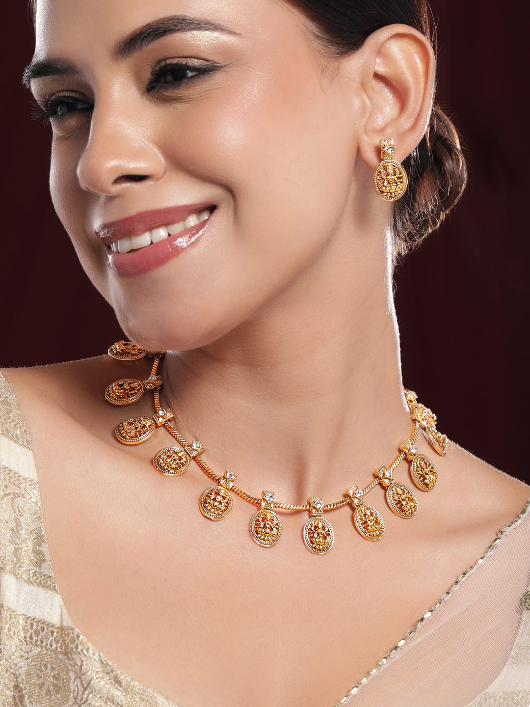 American Diamond Zirconia Laxmi Temple Necklace Set Gold